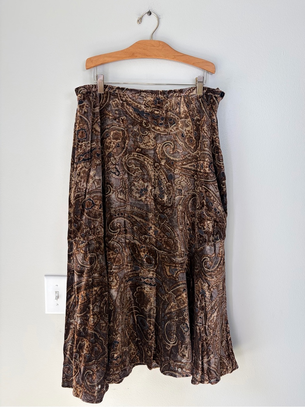 Vintage Coldwater Creek Brown Burnout Velvet Paisley Print Midi Skirt Whimsy